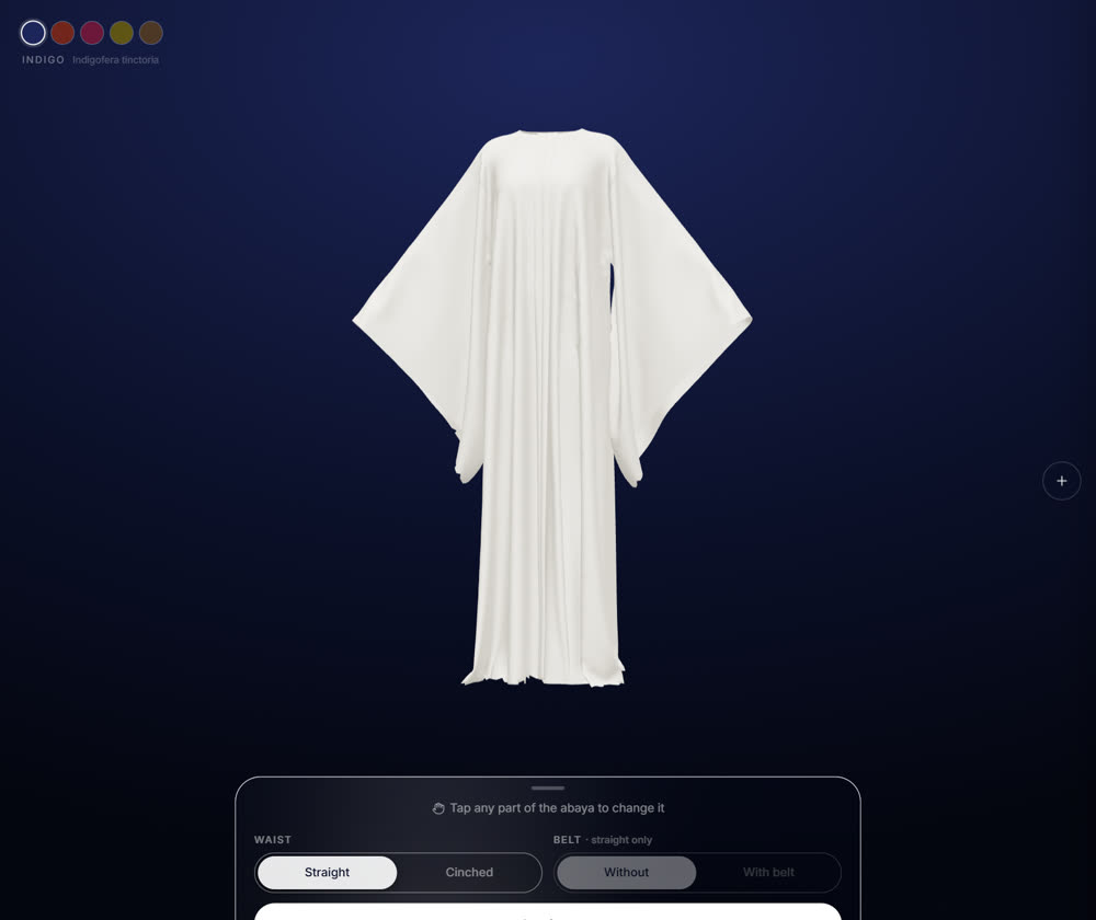 The abaya studio: a garment on the canvas with its fabric controls