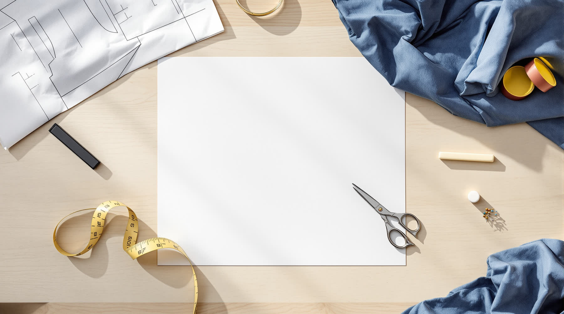 A cutting table with a pattern piece, shears, tape measure, chalk and a length of indigo cloth